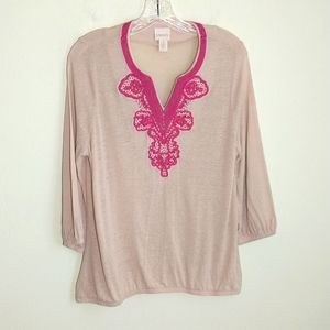 Chico's Linen blend 3/4 sleeve pullover v-neck top. M